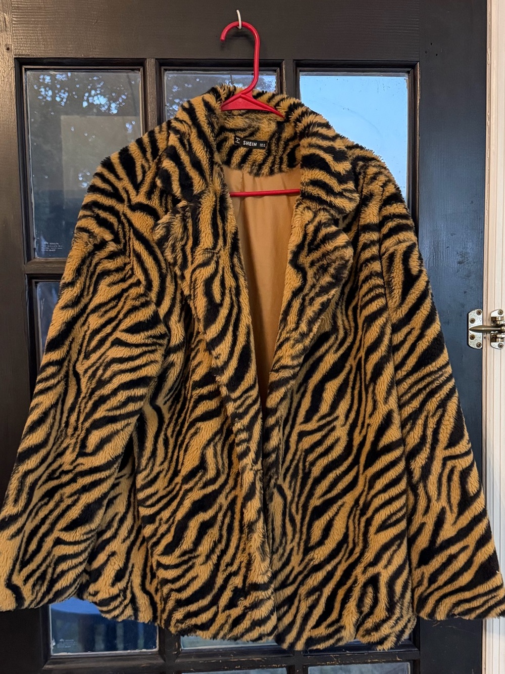 SHEIN Black & Tan Faux Fur Tiger-Print Teddy Coat